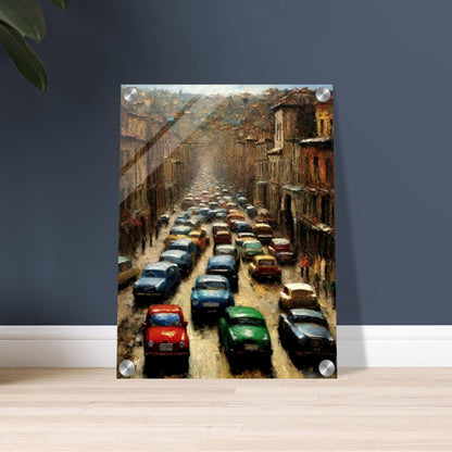 "A densely packed painting of colorful cars lined up in a busy city street, depicting the chaotic energy of a traffic jam on an urban road surrounded by tall buildings."