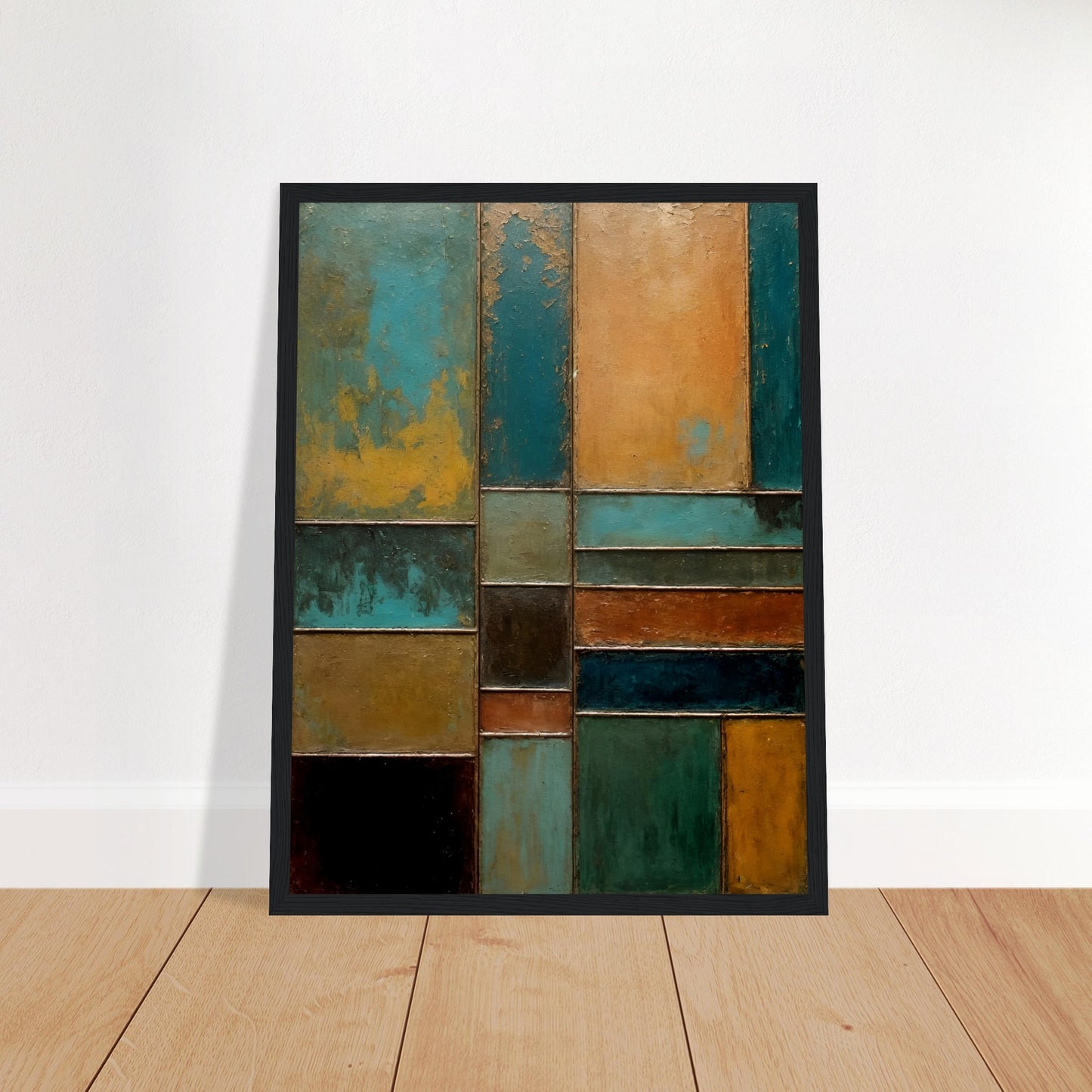 A textured abstract painting featuring geometric panels in shades of turquoise, rust, gold, and black, resembling weathered metal and patina.