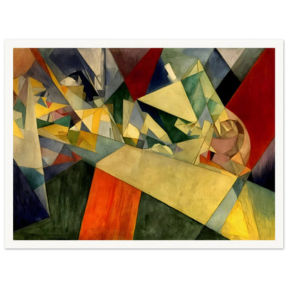 An abstract composition of interlocking geometric shapes in shades of yellow, green, red, and blue, creating a fragmented, dynamic perspective.