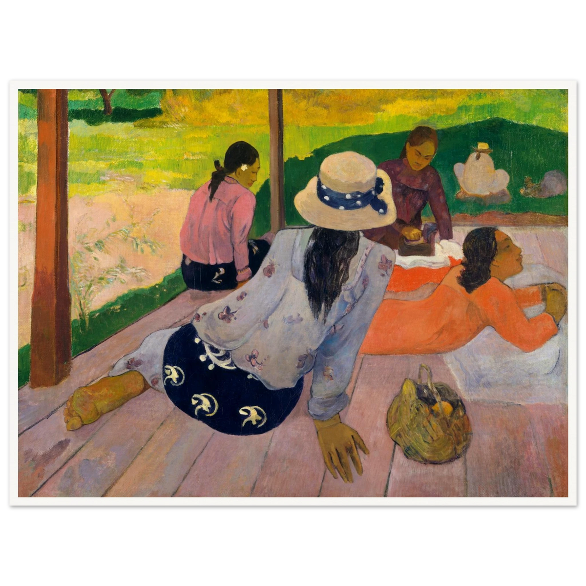 Four Tahitian women rest on a shaded veranda with bright green landscape beyond.