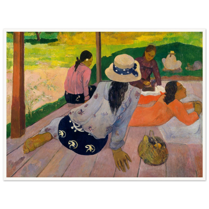 Four Tahitian women rest on a shaded veranda with bright green landscape beyond.