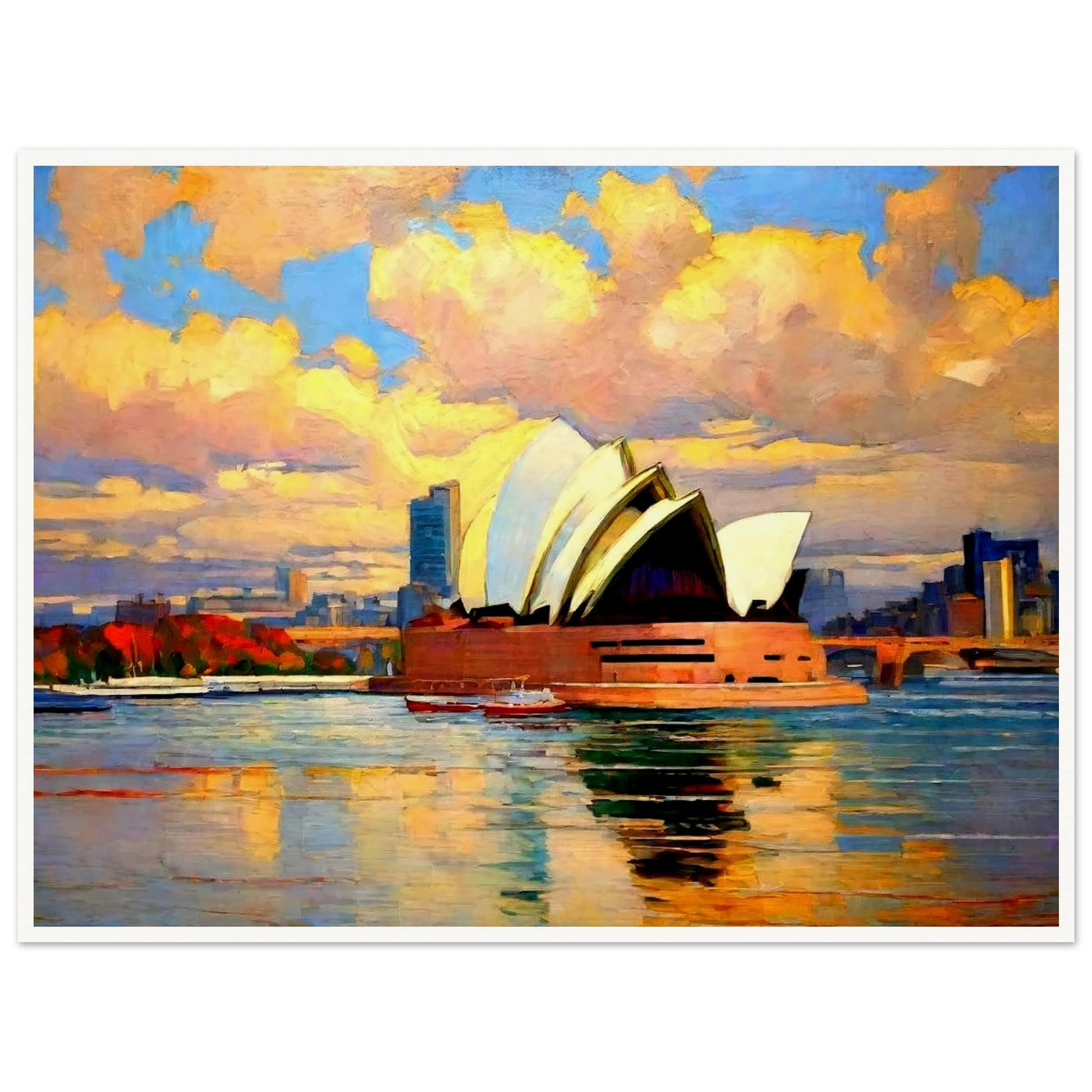 "A vibrant painting of the Sydney Opera House at sunset, with colorful clouds reflecting on the water, capturing the iconic structure and the city's skyline."