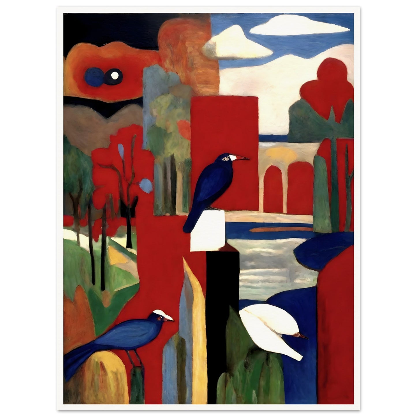 A modern abstract painting featuring blue and white birds perched in a vivid landscape with bold red, blue, and green geometric shapes and arches.