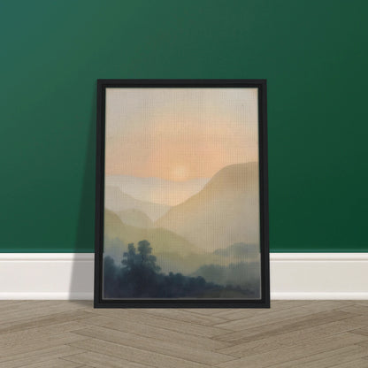 Soft sunrise glows over misty layered hills and dark trees in a quiet pastel landscape.