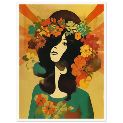 Stylized portrait of a woman with dark hair adorned with a crown of vibrant flowers against a warm, golden background.