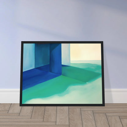 Blue architectural forms meet soft turquoise shores and pale horizons, creating a calm coastal retreat.