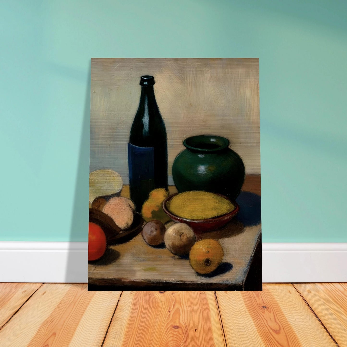 A classic still life painting featuring a dark bottle, a green ceramic vase, a bowl of yellow fruit, and assorted fruits arranged on a tabletop against a soft neutral background.
