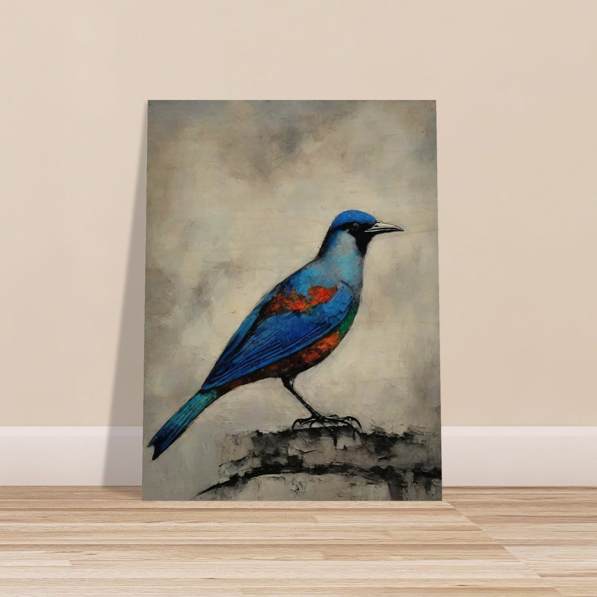 A vibrant painting of a blue bird with orange and green accents perched on a textured surface, set against a neutral background.