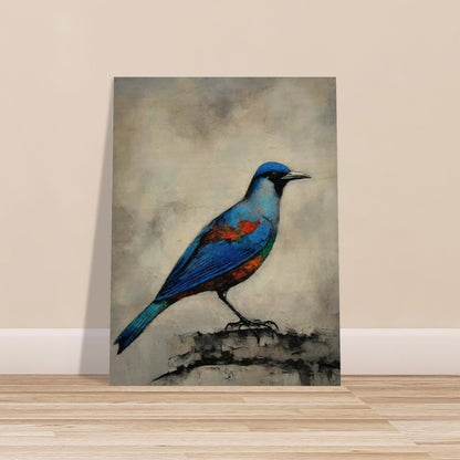 A vibrant painting of a blue bird with orange and green accents perched on a textured surface, set against a neutral background.