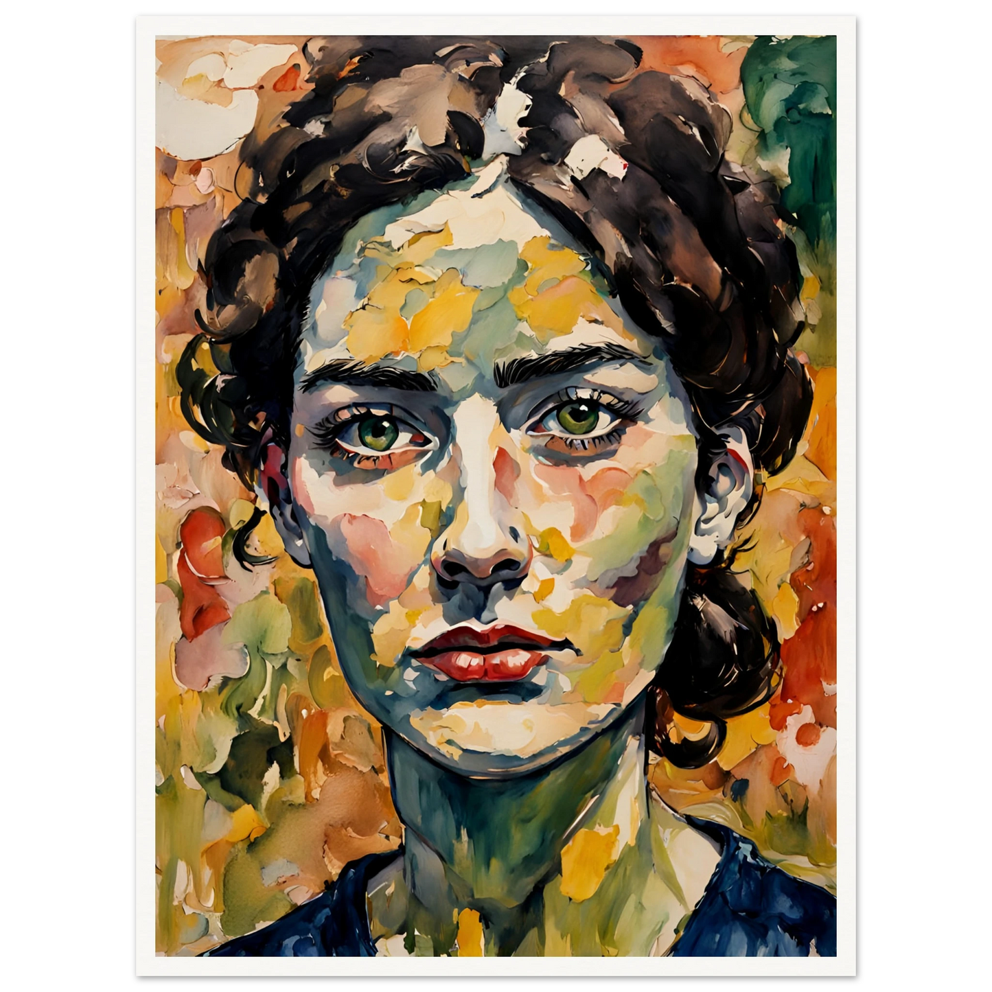 A vibrant portrait of a woman with deep green eyes, expressive red lips, and a textured face blending warm autumn hues in bold brushstrokes.