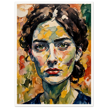A vibrant portrait of a woman with deep green eyes, expressive red lips, and a textured face blending warm autumn hues in bold brushstrokes.