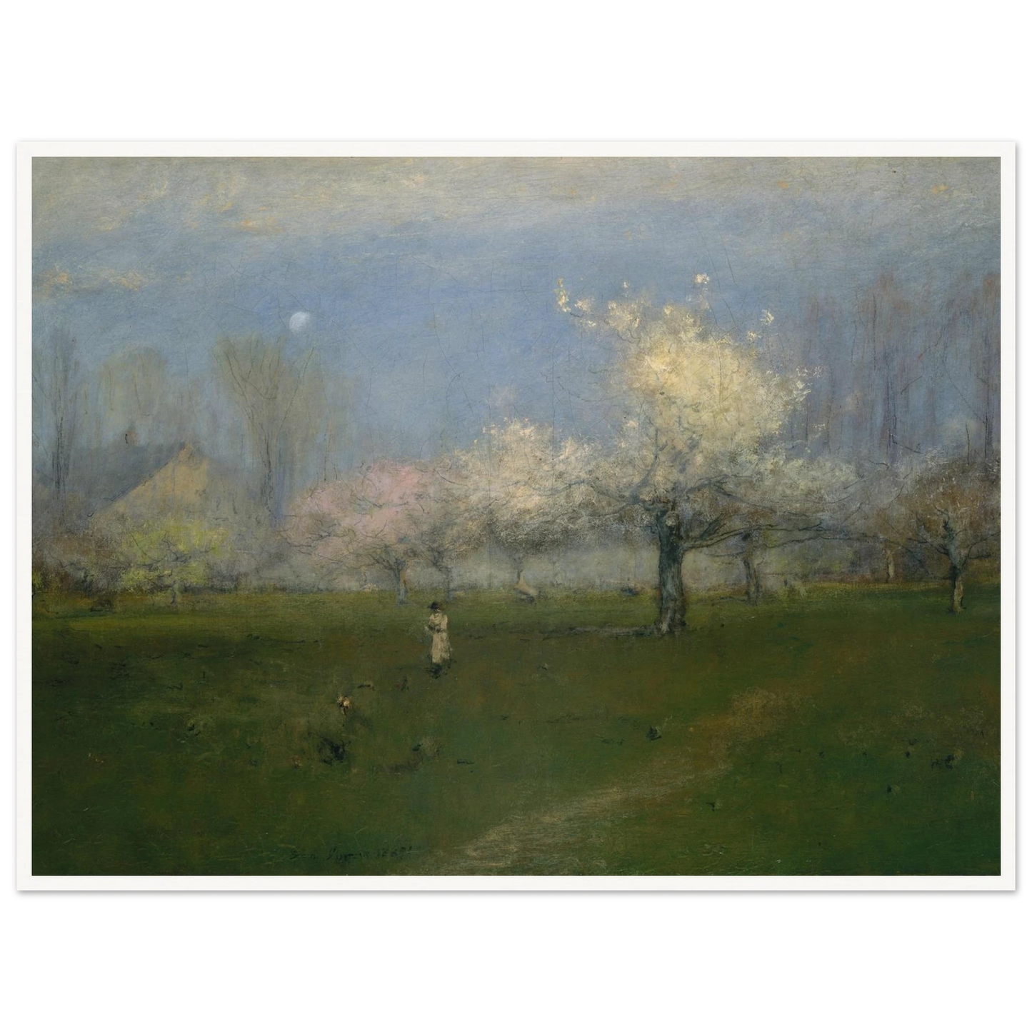 Apple trees bloom across a green orchard under a pale blue sky with a small figure