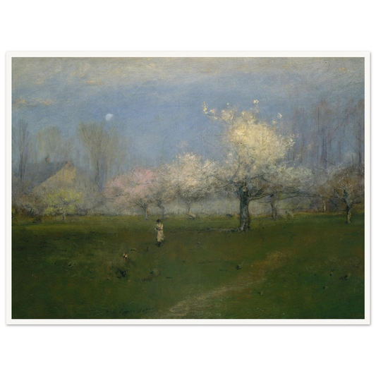 Apple trees bloom across a green orchard under a pale blue sky with a small figure
