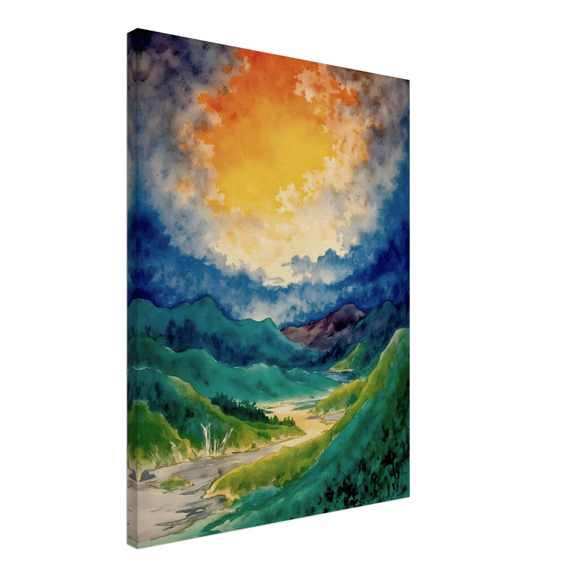 A vibrant watercolor landscape featuring rolling green mountains, a winding river valley, and a dramatic golden glow breaking through deep blue clouds overhead.