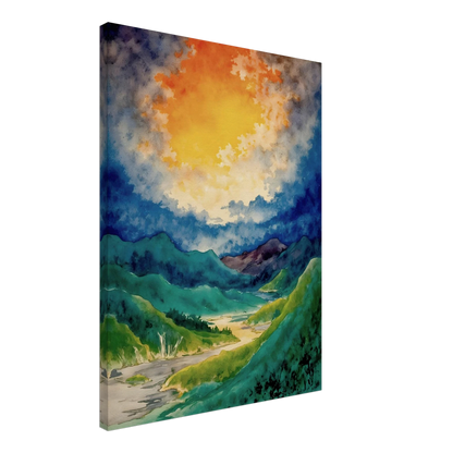 A vibrant watercolor landscape featuring rolling green mountains, a winding river valley, and a dramatic golden glow breaking through deep blue clouds overhead.