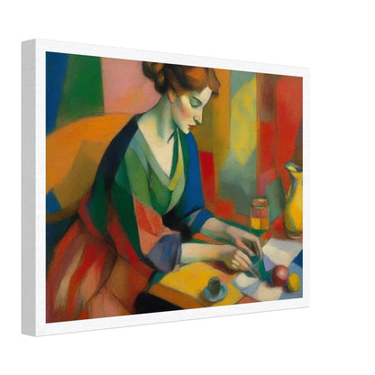 A vibrant painting depicting a woman in a colorful dress sitting at a table, engaged in writing or reading. The background features a mosaic of various hues, enhancing the vivid and dynamic atmosphere of the scene.