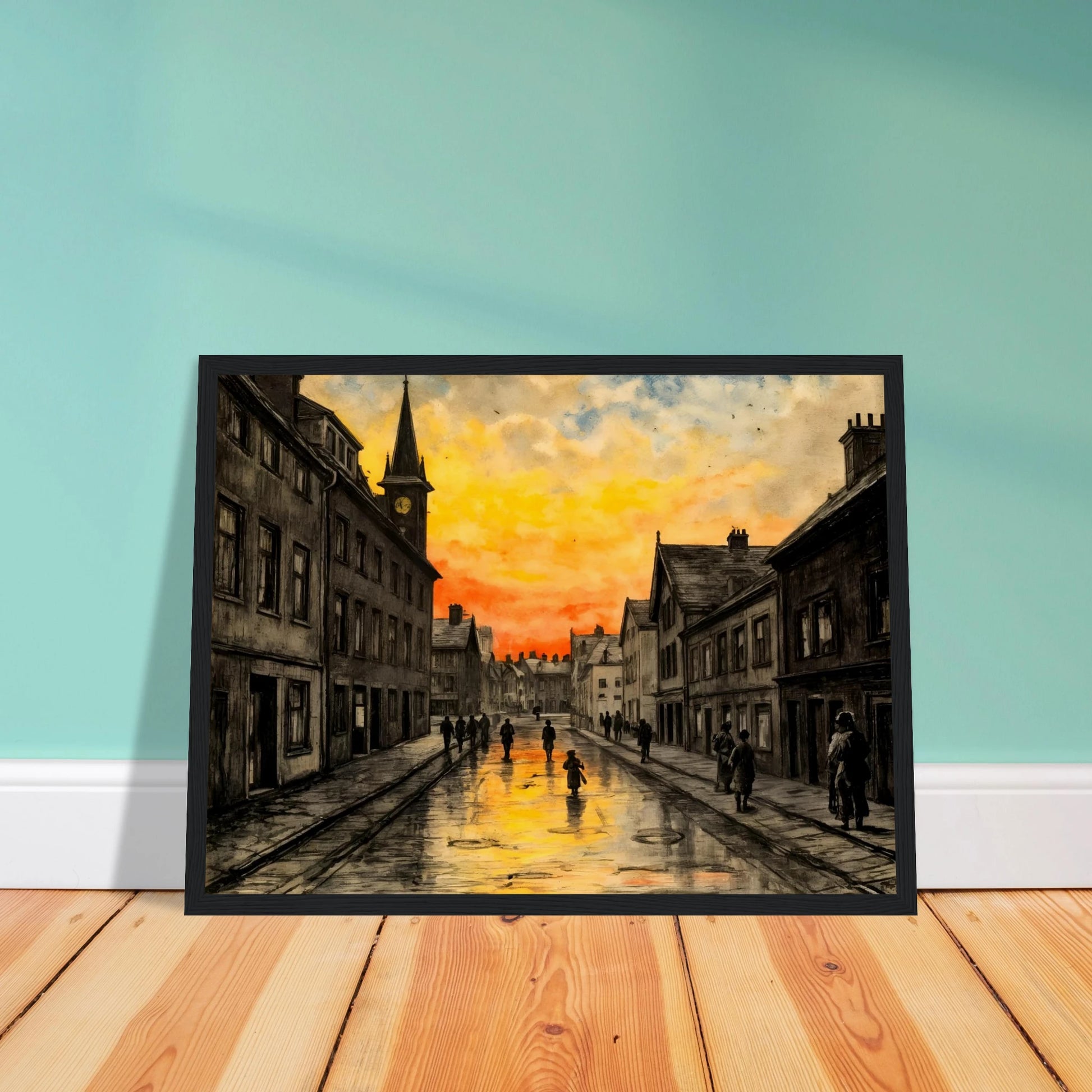 A vintage town street glows beneath a fiery sunset, with wet cobblestones reflecting amber skies and quiet figures walking home.