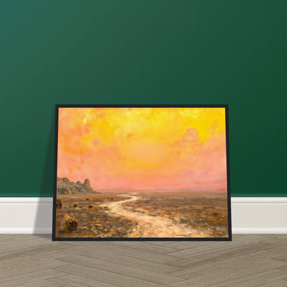 A vast desert plain beneath glowing yellow and pink skies, with a winding pale path leading toward distant rocky formations.