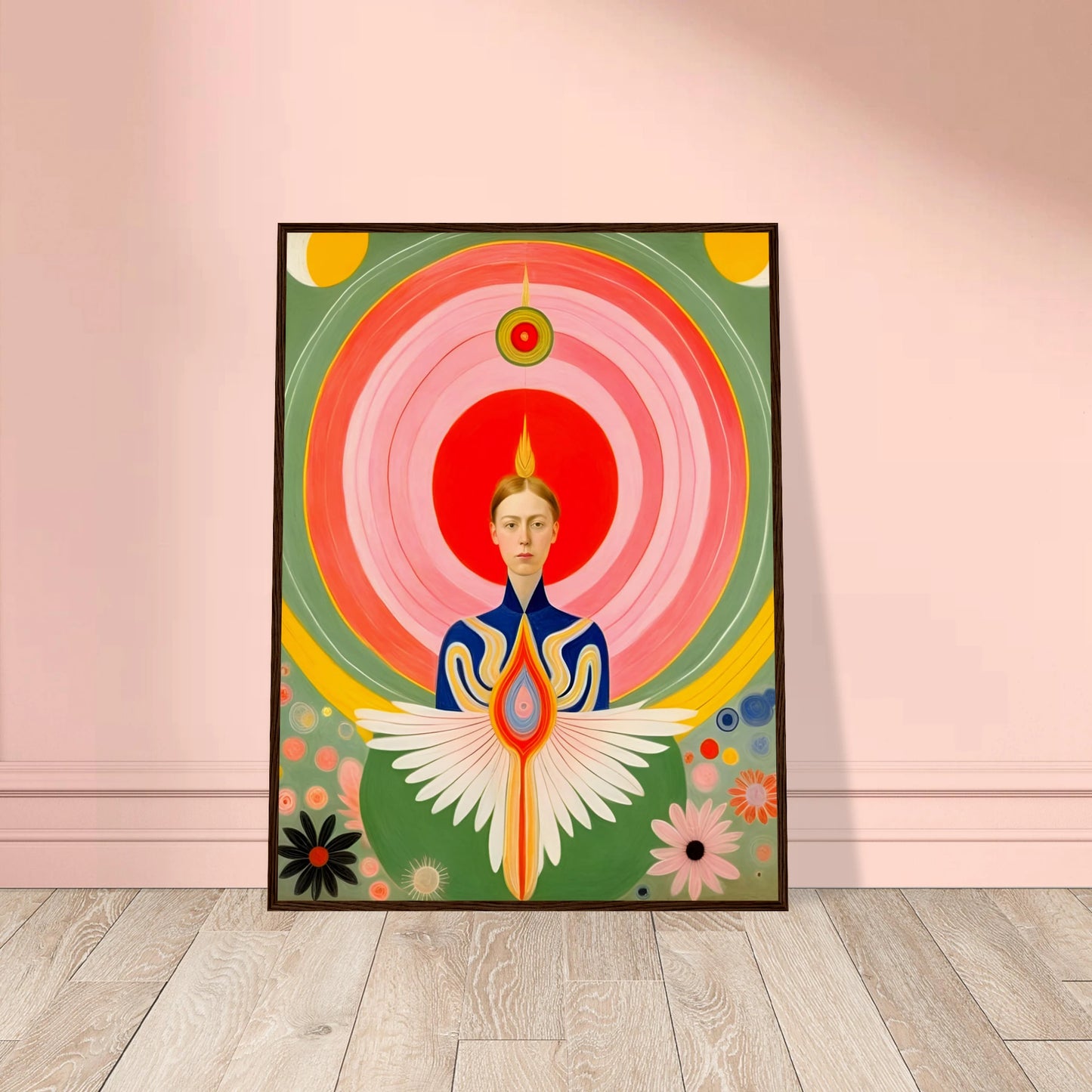Stylized portrait of a serene woman with flaming crown, geometric wings, and concentric radiating circles in vibrant warm hues.