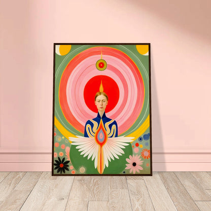 Stylized portrait of a serene woman with flaming crown, geometric wings, and concentric radiating circles in vibrant warm hues.