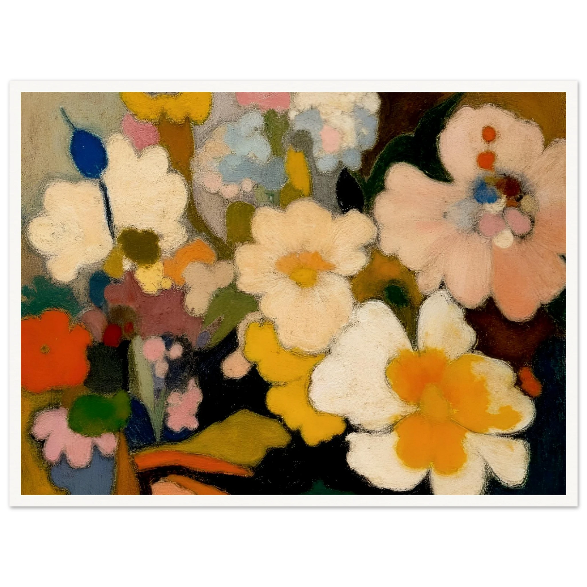 Soft floral forms in cream, yellow, pink, and blue gather in a dreamy bouquet filled with warmth and charm.