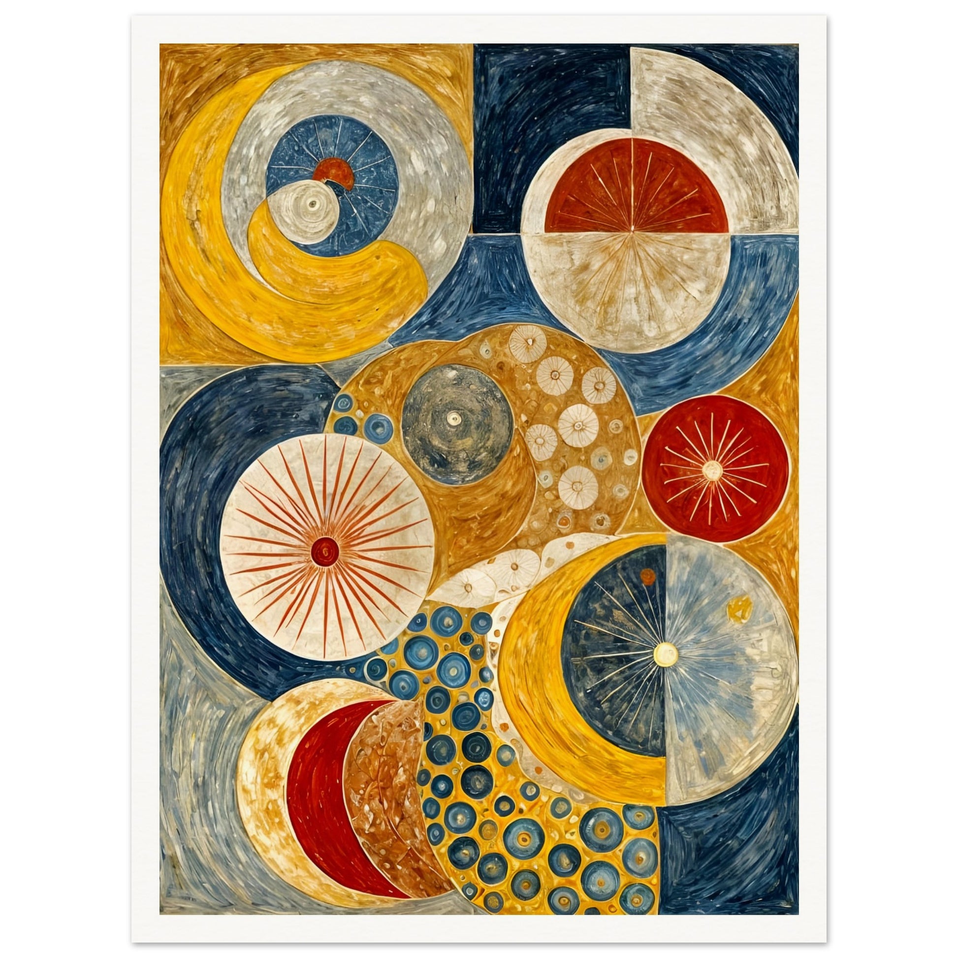 A celestial-inspired painting featuring intricate circular patterns, planetary orbits, and golden, blue, and red tones evoking a cosmic balance.