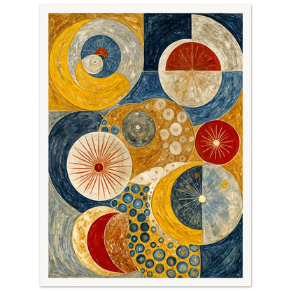 A celestial-inspired painting featuring intricate circular patterns, planetary orbits, and golden, blue, and red tones evoking a cosmic balance.