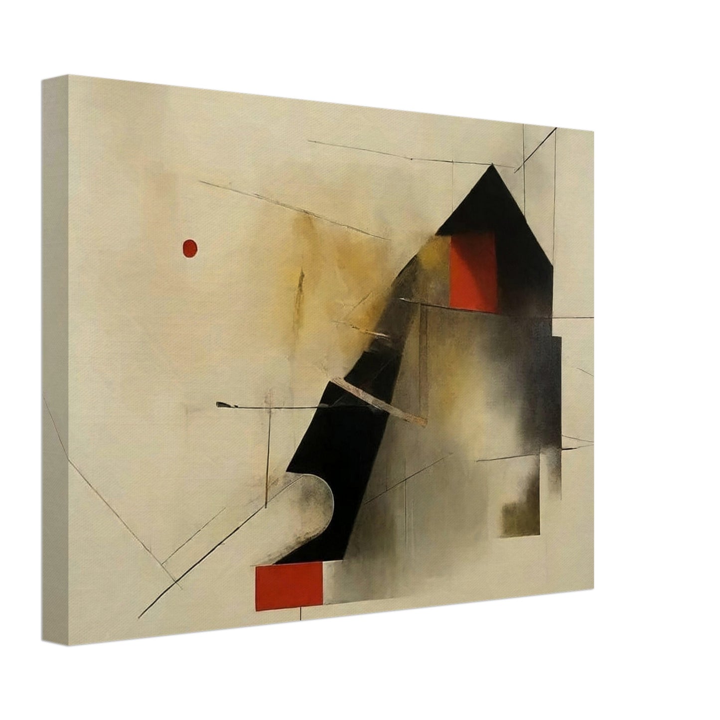 An abstract painting featuring geometric shapes and lines on a light background. A prominent black triangular shape is juxtaposed with red and white rectangles, and thin lines intersect across the canvas, creating a sense of movement and depth.