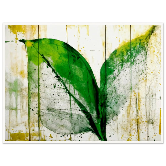 A vibrant green leaf with abstract textures and splashes of yellow on a white background, evoking a fresh and organic feel with artistic brushstrokes.