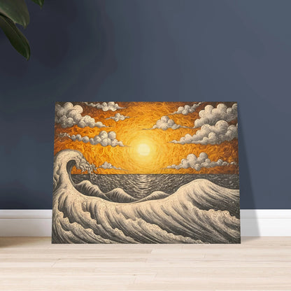 Fiery orange sunset over turbulent black-and-white waves with swirling clouds in a textured seascape.