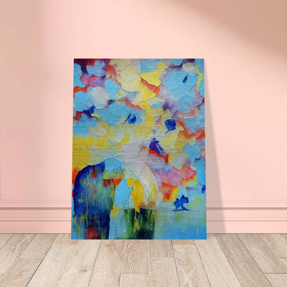 An abstract painting featuring a horse in vibrant colors with a textured, layered background. The use of bold blues, yellows, and reds creates a dynamic and whimsical scene.