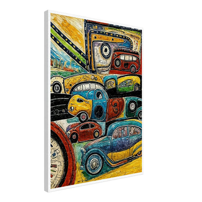 A lively artwork featuring vibrant, multi-colored vintage cars in various shapes and sizes on a winding road, showcasing a playful take on travel and motion.