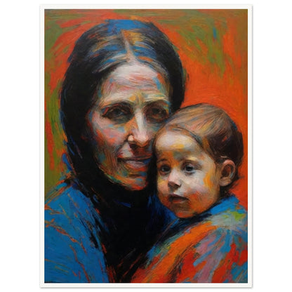 A touching portrait of a mother and child with warm, vibrant colors and expressive brushstrokes.