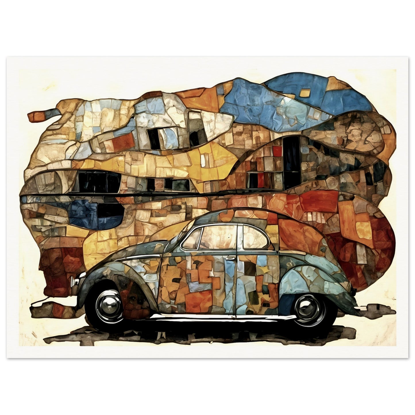 A colorful mosaic-style painting of a classic blue and orange beetle car, set against an abstract, fragmented background of earthy tones.