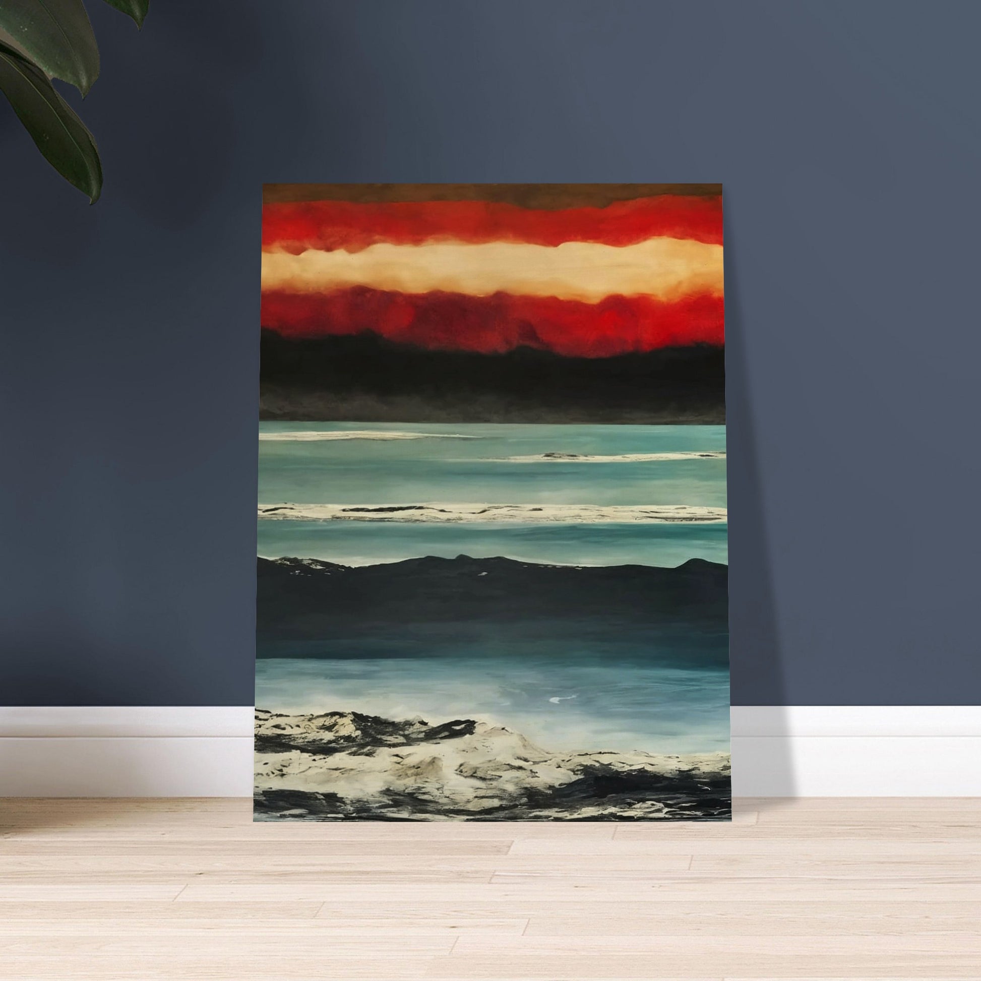 A dramatic painting capturing a coastal landscape at sunset. The sky is filled with intense red and orange hues, transitioning into darker tones as it meets the horizon. Below, the calm sea reflects the varying shades of blue, while the shoreline is marked by rugged, textured terrain. The contrasting colors and textures create a powerful and moody atmosphere in this evocative seascape.