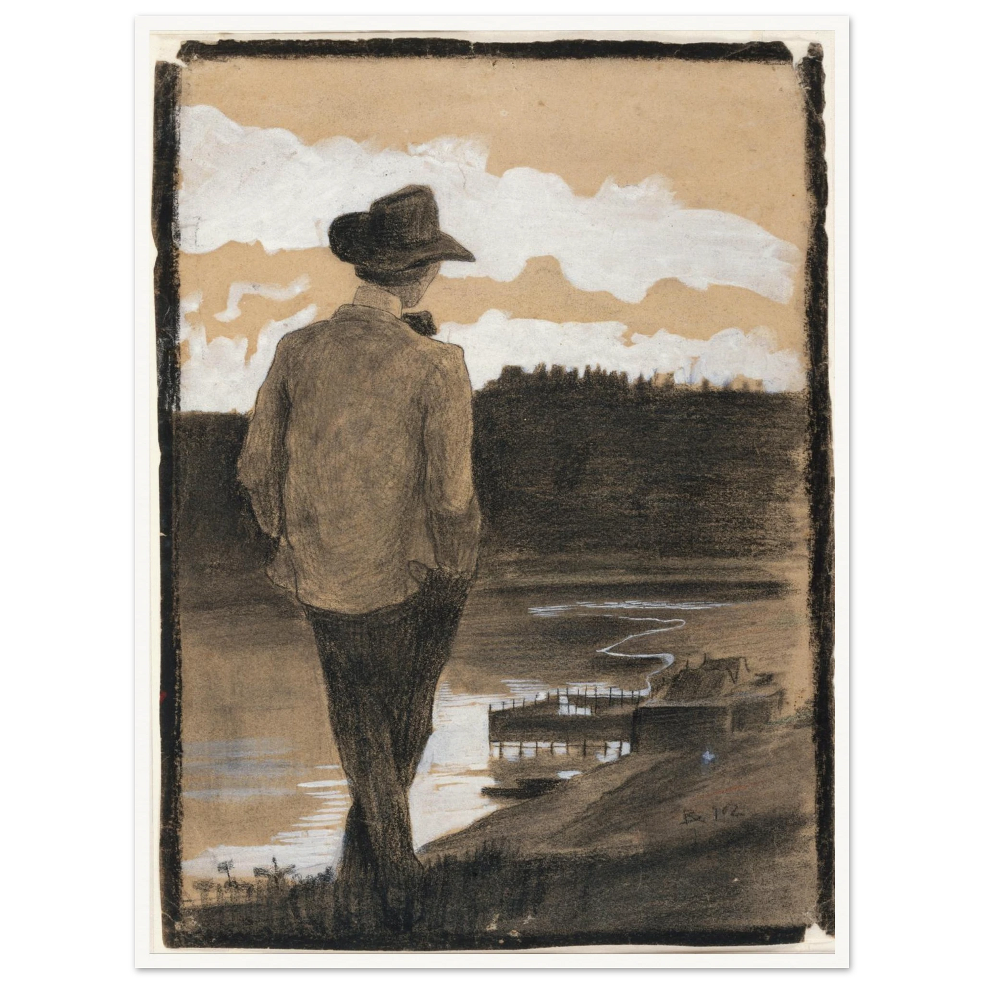 Young man in a hat stands by a riverbank, looking toward clouds and distant water