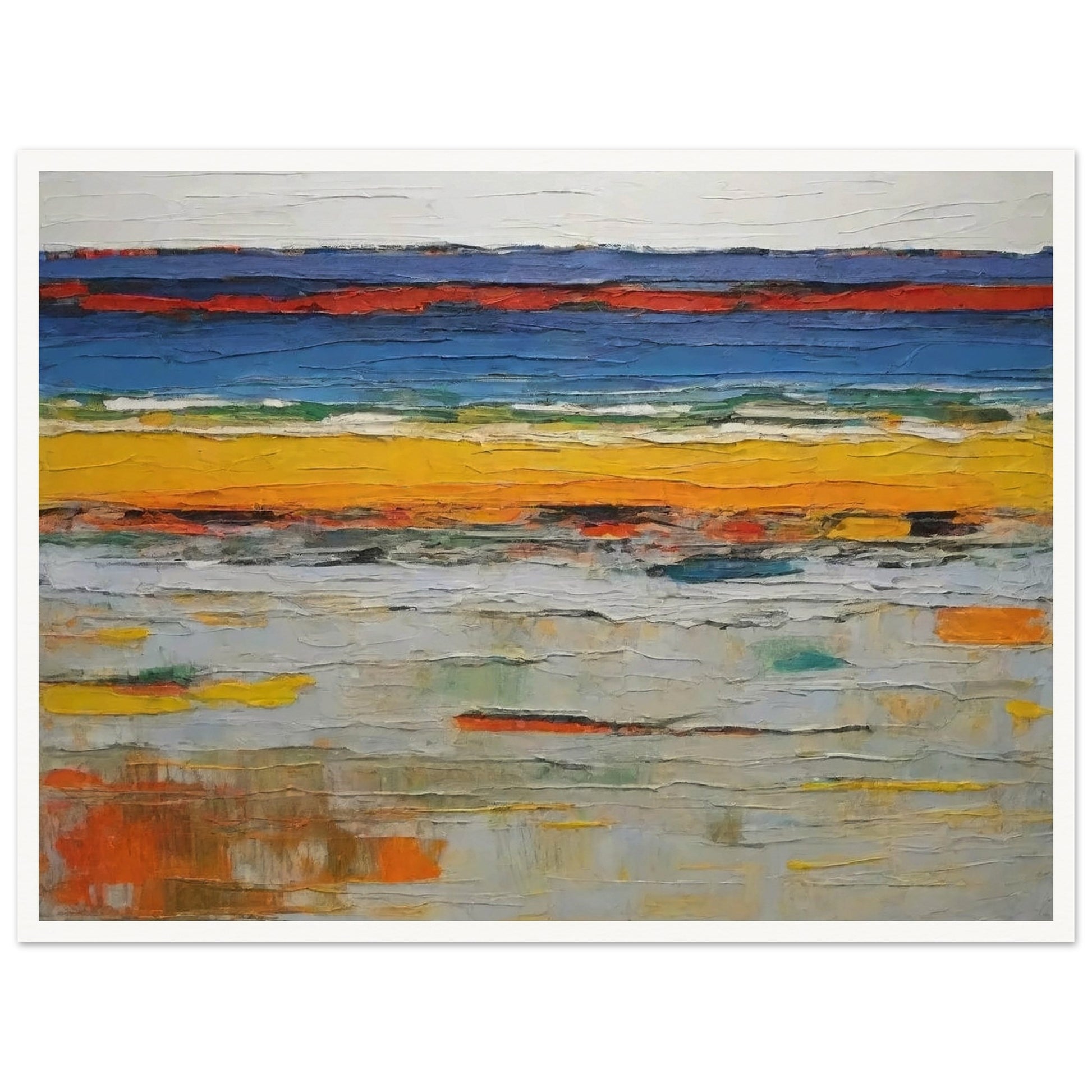 An abstract painting featuring horizontal layers of vibrant colors, including deep blues, bright yellows, and muted grays. The textured brushstrokes create a sense of depth and movement, evoking the appearance of layered landscapes or geological strata.