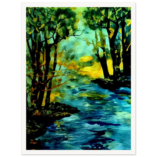 A vibrant landscape painting of a river flowing through a forest, with trees reflecting in the water and a warm glow of sunlight in the background, evoking tranquility and nature's beauty.