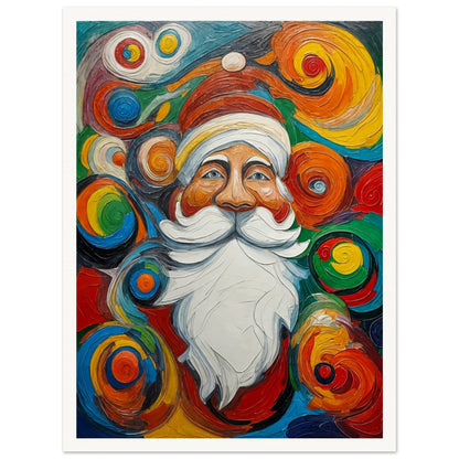 A vibrant and whimsical painting of Santa Claus surrounded by colorful swirling patterns, evoking a cheerful holiday spirit.