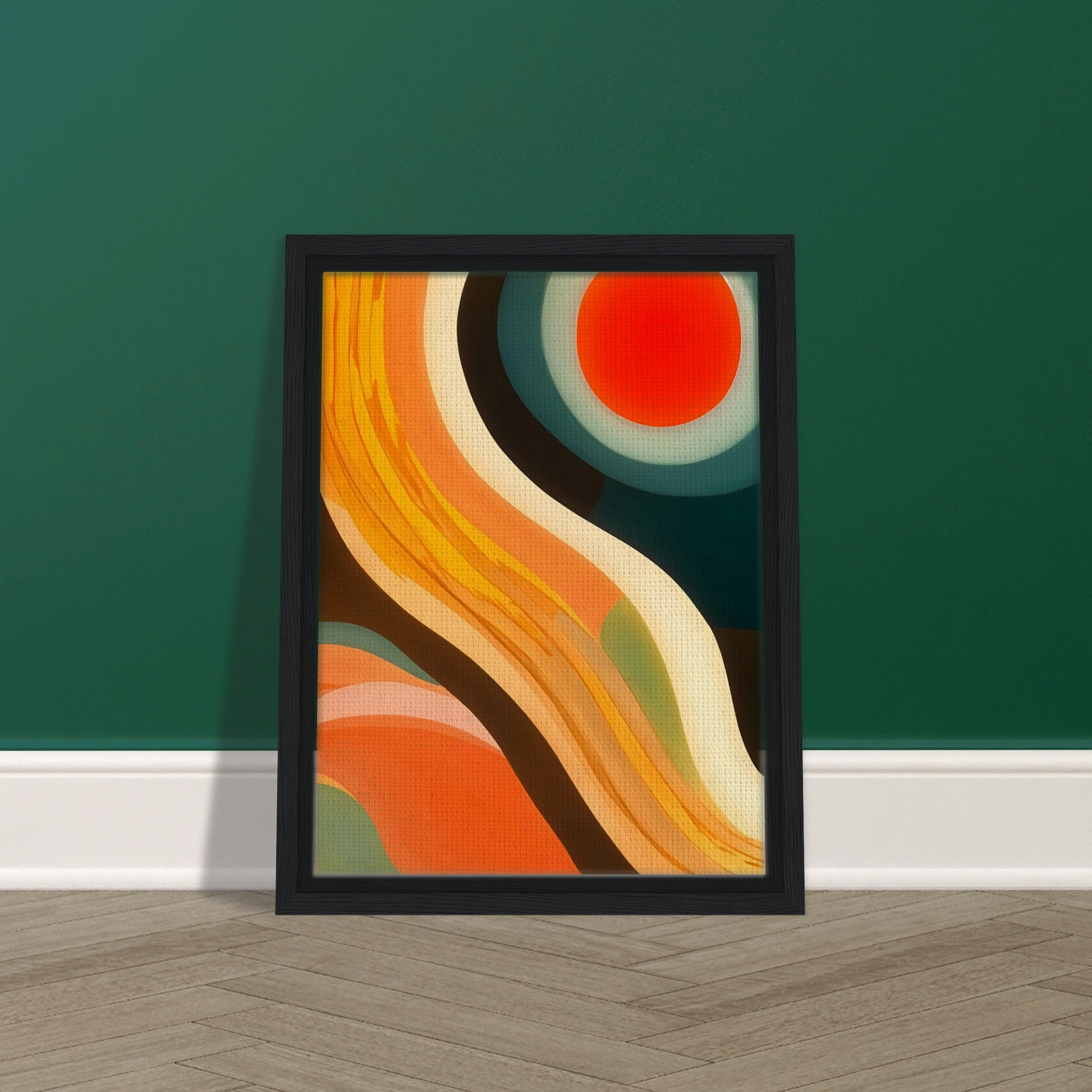 An abstract artwork featuring bold, flowing curves in shades of orange, yellow, and teal, with a vibrant red circular sun at the top.