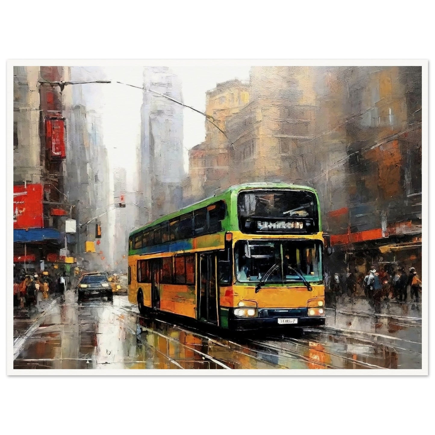 "A vibrant painting of a double-decker bus driving through a busy, rain-soaked city street, with tall buildings and reflections creating an atmospheric urban scene."