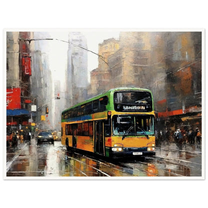 "A vibrant painting of a double-decker bus driving through a busy, rain-soaked city street, with tall buildings and reflections creating an atmospheric urban scene."