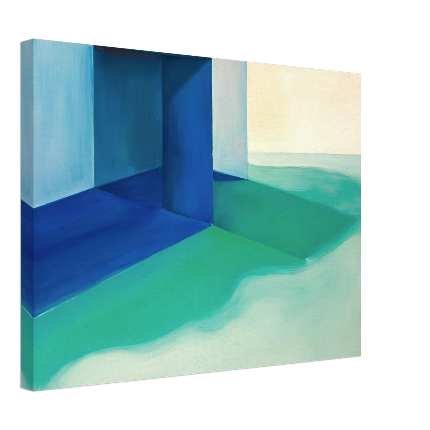 Blue architectural forms meet soft turquoise shores and pale horizons, creating a calm coastal retreat.