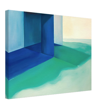 Blue architectural forms meet soft turquoise shores and pale horizons, creating a calm coastal retreat.