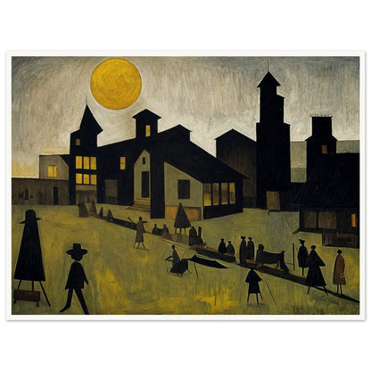 A painting depicting a town under a large sun with silhouetted figures walking and interacting in the foreground.