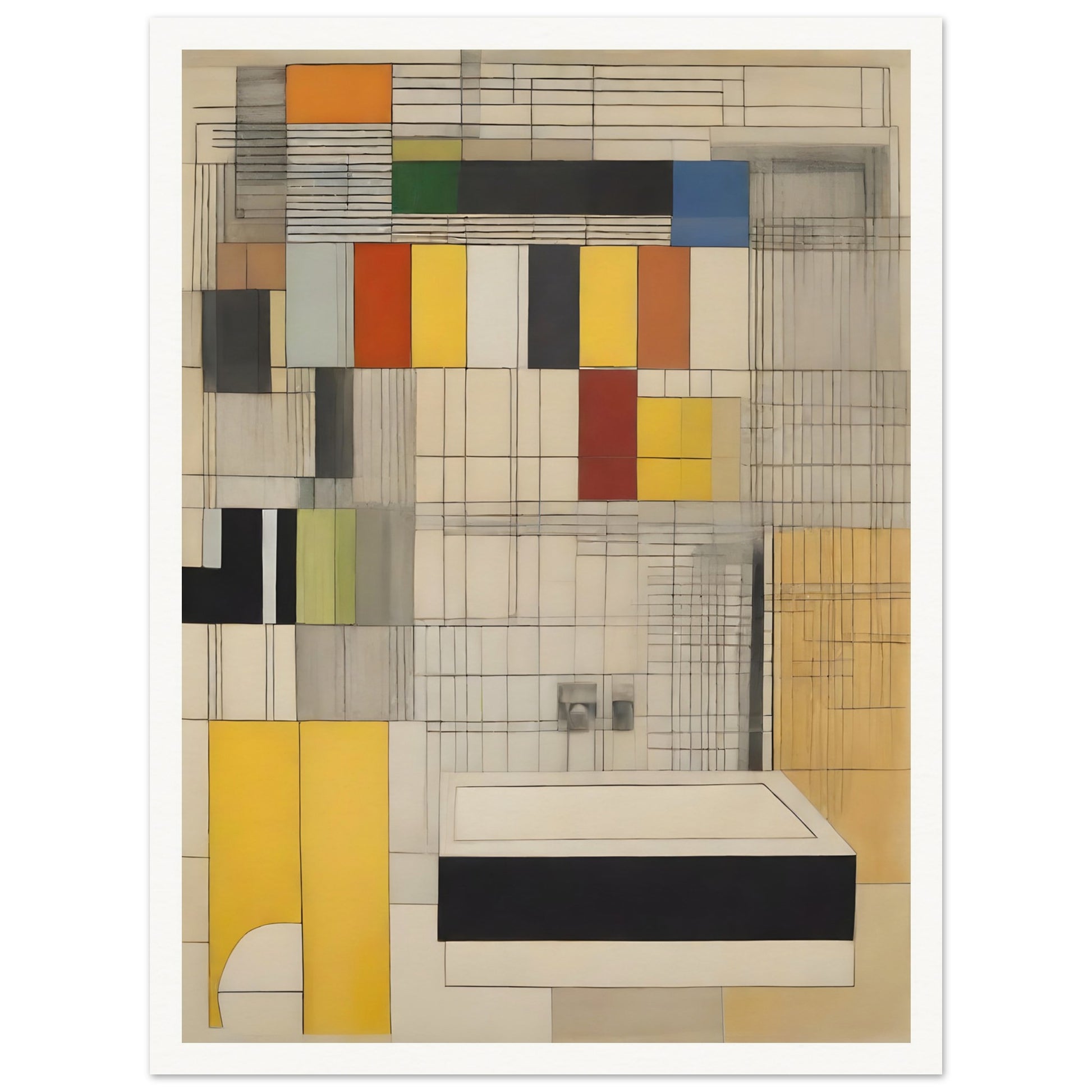 A geometric design with colorful rectangular blocks and intersecting lines, combining muted tones of yellow, red, black, and gray.