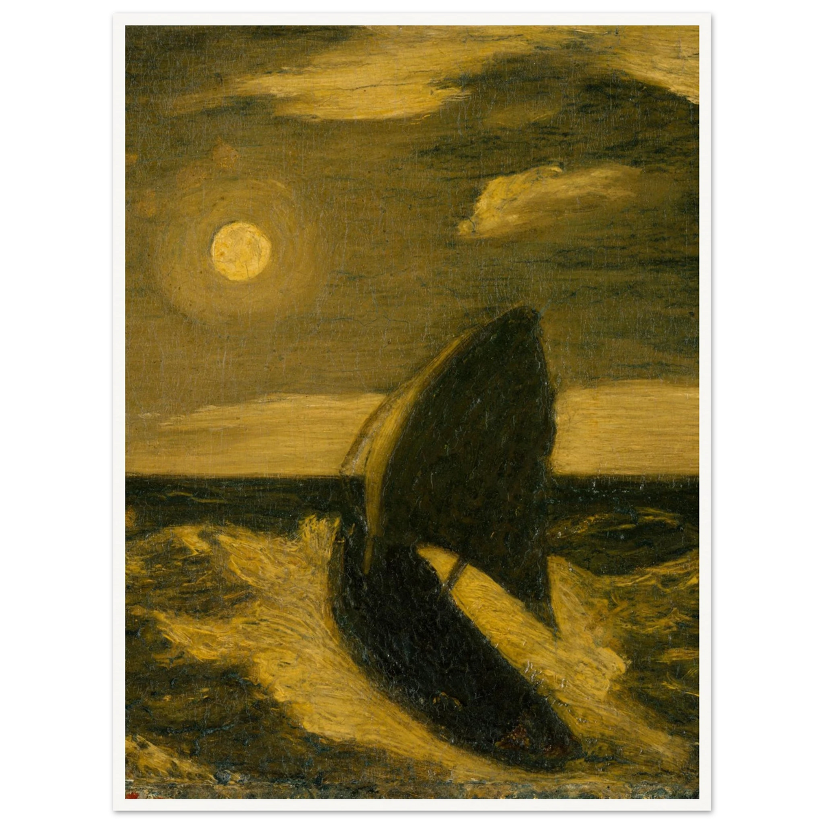 A dark sailboat rides a moonlit sea under golden clouds and a glowing full moon.