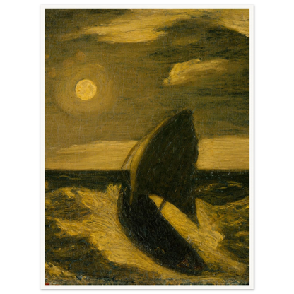 A dark sailboat rides a moonlit sea under golden clouds and a glowing full moon.