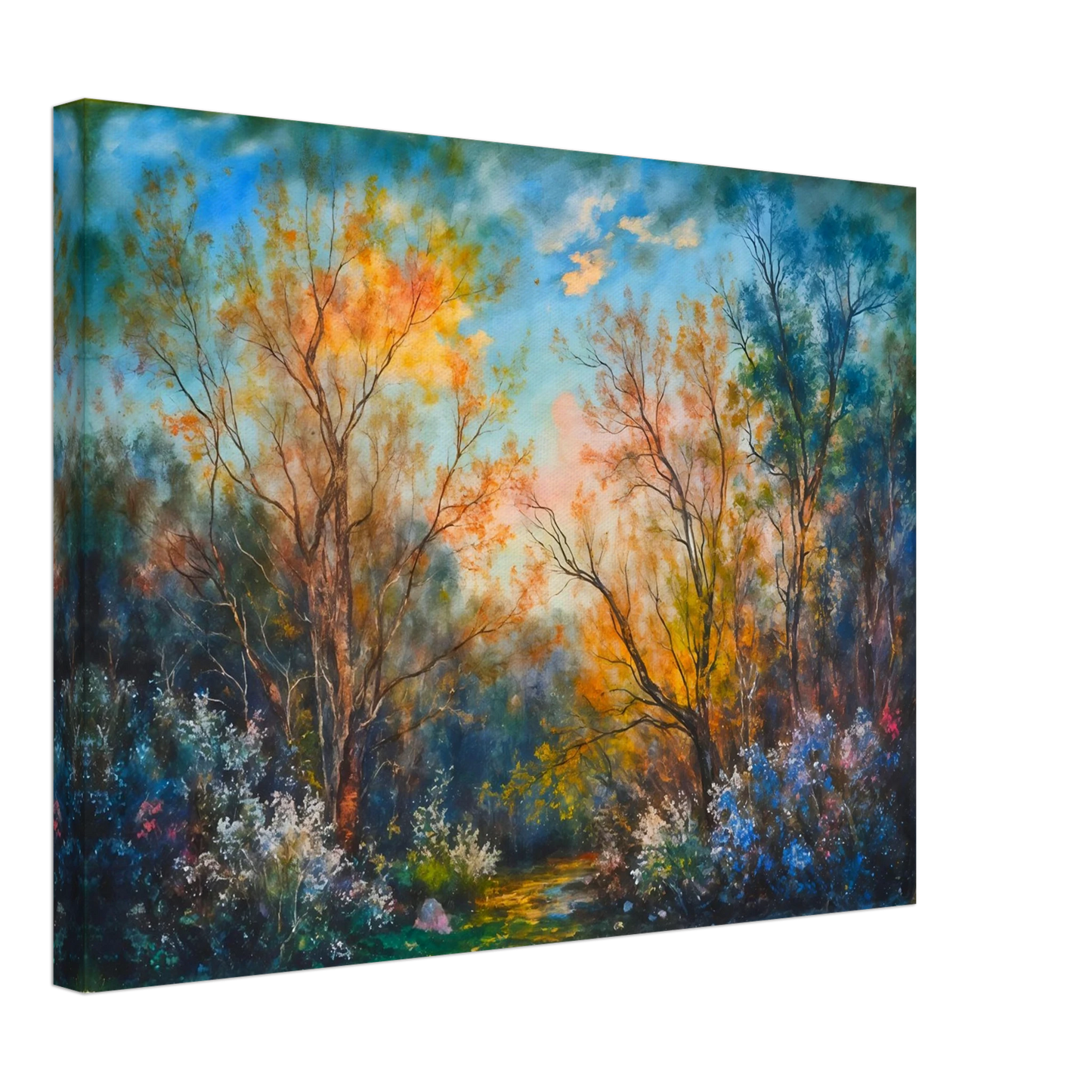 Radiant woodland scene with glowing autumn trees, delicate wildflowers, and a sunlit forest path beneath a vivid blue sky.