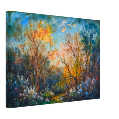 Radiant woodland scene with glowing autumn trees, delicate wildflowers, and a sunlit forest path beneath a vivid blue sky.